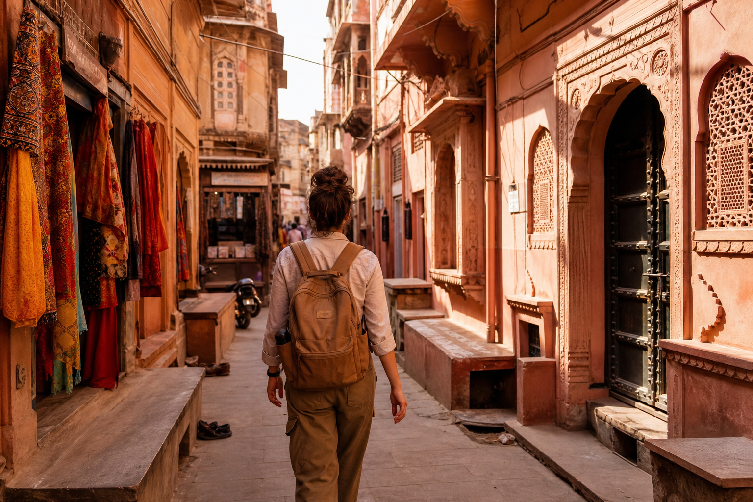 A traveler with a backpack walking through a narrow old-city lane in Jaipur during late afternoon golden light, with traditional Rajasthani architecture visible on both sides
