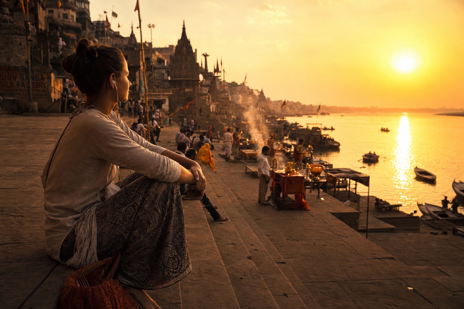 A traveler sitting on the steps of a ghat in Varanasi at golden hour with earphones in, looking out at the Ganges river and evening rituals unfolding on the steps