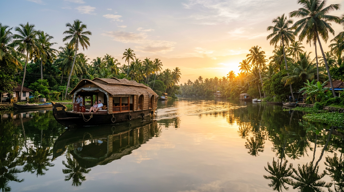 A wooden houseboat gliding through the calm backwaters of Alleppey at golden hour with coconut palms reflecting in the still water