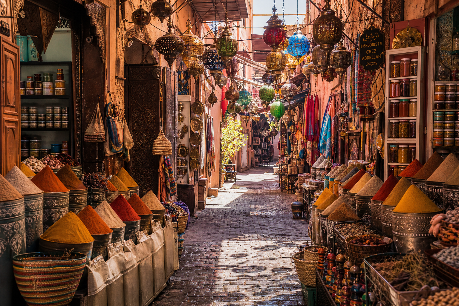 Wide-angle photograph of a narrow Marrakech Medina alley with colourful hanging lanterns, spice stalls on both sides, and dappled morning light filtering through