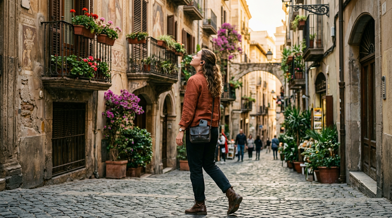A solo traveller walking through a cobblestone European street with one earbud in and phone in pocket looking up at architecture capturing the hands-free eyes-up way of exploring with an audio travel guide
