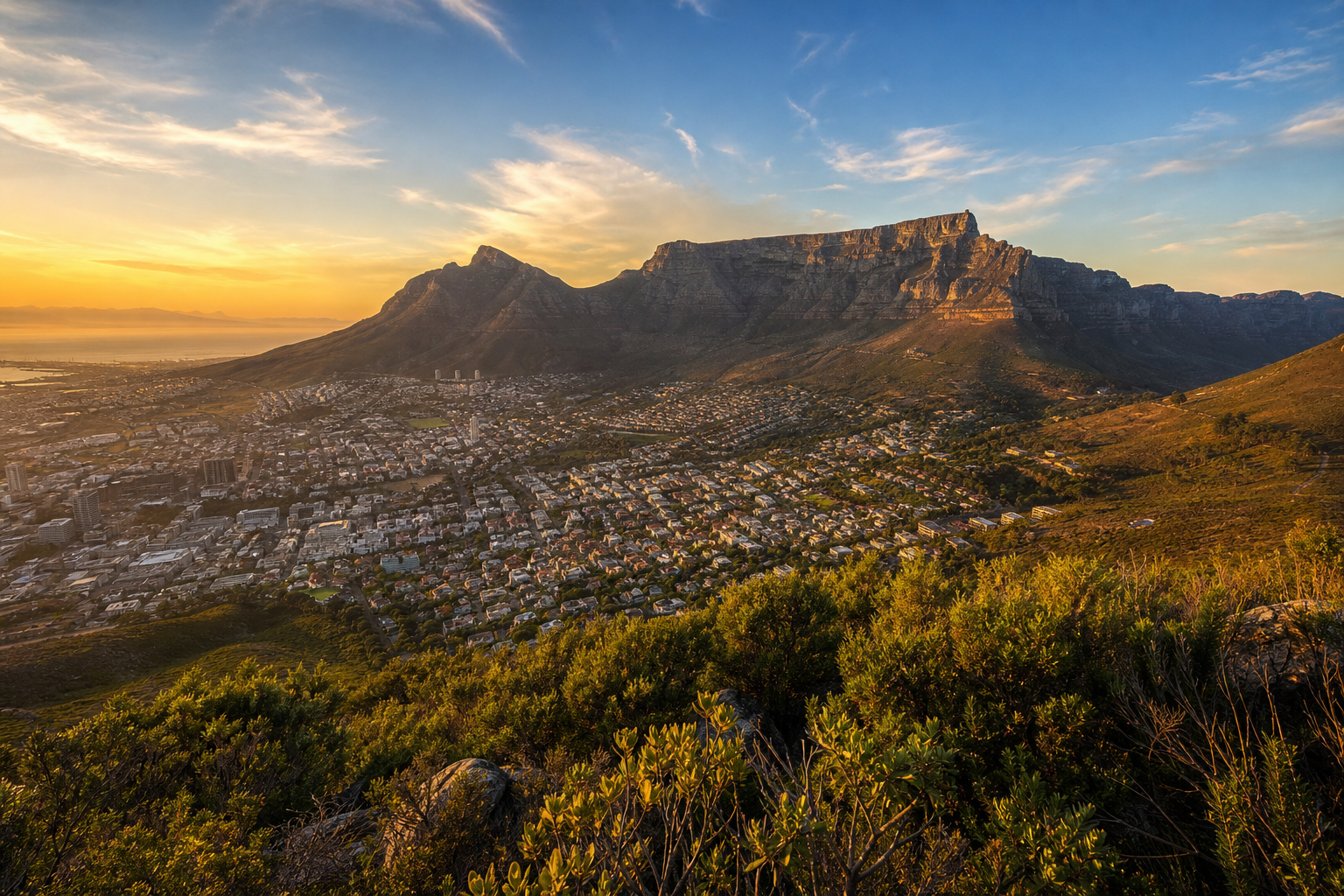 Aerial wide-angle photograph of Table Mountain with the city of Cape Town spread below at golden hour, shot from Lion's Head showing the scale of the mountain within the urban landscape