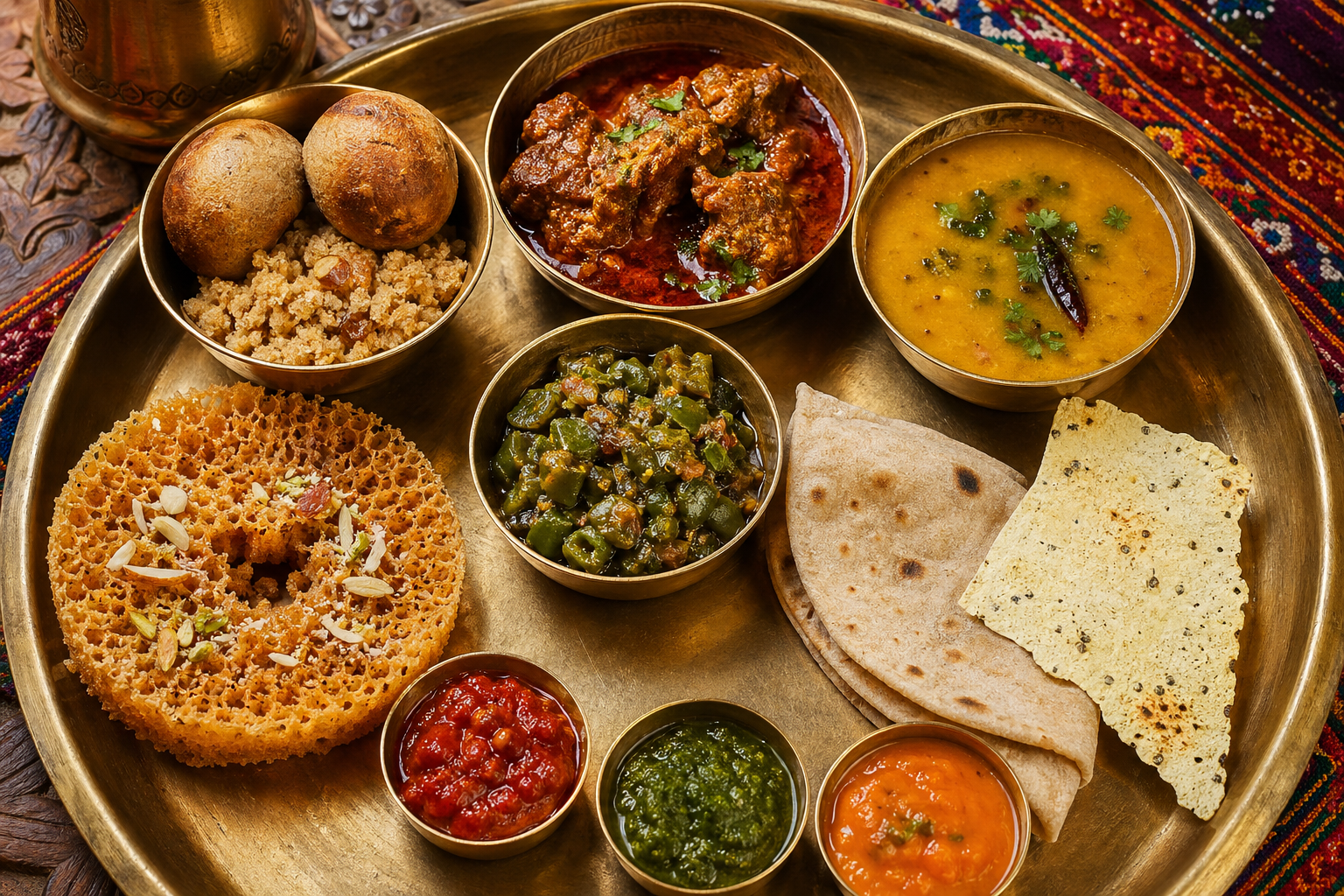 Close-up of a traditional Rajasthani thali served on a brass plate with dal baati churma ghewar and colorful chutneys evoking the food culture of Jaipur