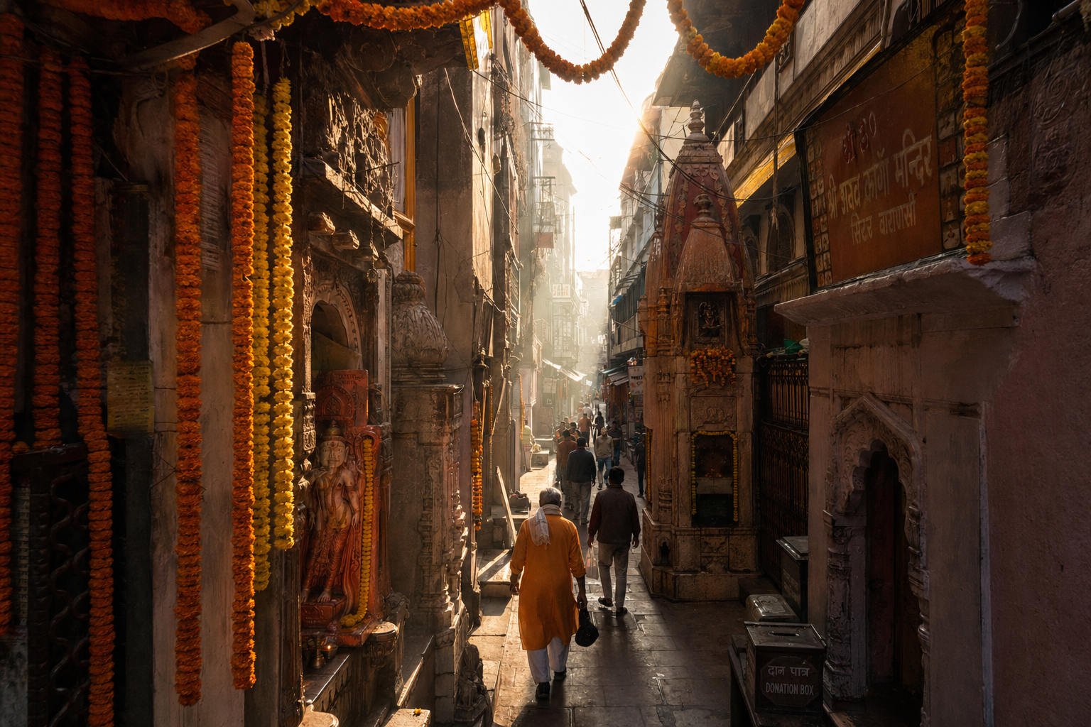 A narrow atmospheric lane inside old Varanasi lined with marigold garlands small temples and soft morning light filtering through gaps between old buildings